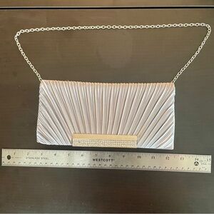 Silver satin ruched evening clutch with diamond/rhinestone/crystal detailing